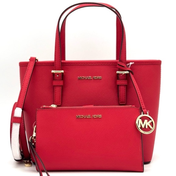 Michael Kors Jet Set Travel Extra-Small Top Zip Tote Bag & Double Zip Wallet Red - Picture 1 of 11
